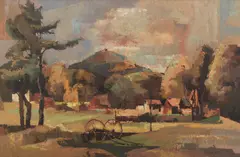 Farm View with Mountain by Laurence Philip Sisson, 1949, Oil on board, offered Aug 2021