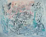 Blue and Coral Geometric Abstract by Louis Schanker, 1948, Oil on canvas, offered Feb 2021
