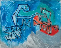 Blue, Green, and Red-Orange Abstract by Louis Schanker, 1944, Oil on canvas, offered Feb 2021
