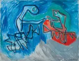 Blue, Green, and Red-Orange Abstract by Louis Schanker, 1944, Oil on canvas, offered Feb 2021