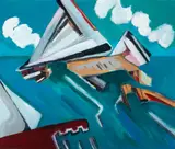 Dock and Boats by Howard Rackliffe, 1984, Oil on board, offered Feb 2021