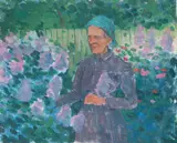 Dutch Woman in a Flower Garden by Marcia Woodbury, Oil on unstretched canvas, offered Feb 2021