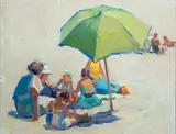 Under the Green Umbrella at the Beach by Mabel May Woodward, Oil on board, offered Feb 2021