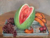 Ripe Bananas and Watermelon Ogunquit, Maine August by Henry H. Strater, 1960, Oil on Masonite, offered Feb 2021