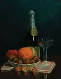 Still Life of Fruit, Nuts, Champagne, and Glass by Percy Sanborn, Oil on canvas, offered Feb 2021