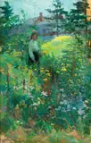 Woman Amid the Flowers by Eurilda Loomis France, Oil on canvas laid to panel, offered Feb 2021