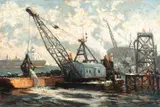 Dredge Doing Pier Works for Arco on the Delaware River circa 1965 by Laurence A. Campbell, 1993, Oil on canvas, offered Feb 2021