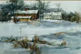 Farmhouses in Winter by Betty Lou Schlemm, Watercolor, offered Feb 2021