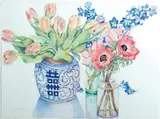 Tulips, Anemones and Delphiniums by Jo Spiller, Watercolor, offered Feb 2021