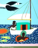 Man in Sailboat, Woman Fishing by Amos Ferguson, Enamel on cardboard laid to foamcore, offered Aug 2020