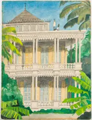 House with Figures by Emilio Sánchez Font, Watercolor, sold Feb 2025