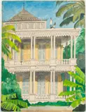 House with Figures by Emilio Sánchez Font, Watercolor, sold Feb 2025