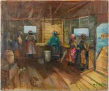 Oyster Shuckers by Mary E. Gates, Oil on Canvas, sold Feb 2025