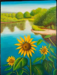 River Scene with Sunflowers by Randall Deihl, 2001, Oil on Panel, sold Oct 2024