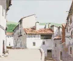 Houses by Jose Barbera, Oil on Board Under Glass, sold Oct 2024