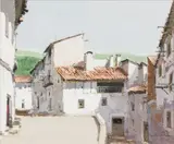 Houses by Jose Barbera, Oil on Board Under Glass, sold Oct 2024