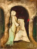 Woman Playing Harp by David Schluss, Oil on Canvas, sold Oct 2024