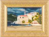 Harbor Scene by E. Schwartz, Oil on Board, sold Oct 2024