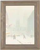 Trinity Church and Broadway, Wall Street by Johann Berthelsen, Oil on Board, sold Oct 2024