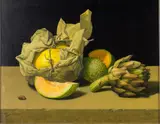 Still Life with Melon and Artichoke by Michael Triegel, 1998, Mixed Media on Masonite Board, sold Jun 2024