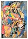 Signed lower right. Unframed. Dated April / May 1962 on edge of canvas. An abstract expressionist by Charles Nagel, oil painting on stretched canvas, featuring a figure rendered in bold, colorful, sold Dec 2025