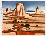 Titled In Monument Valley. Signed in the lower left corner and on the back side in by Milford Zornes, ink. Depicts the desert landscape of Monument Valley in Utah. Approximately 8.5, sold Dec 2025