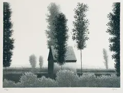 Robert Kipniss (b. 1931) by Robert Kipniss, lithograph depicting a barn and trees in a landscape. Pencil, sold Nov 2025