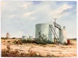 Titled "Tank Farm." Signed in the lower left corner and on the back. Depicts by Henry Ketting Olivier, oil pumps near Venice and Marina Del Rey, in Los Angeles California. Approximate, sold Nov 2025