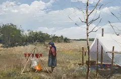 Drying Deer Meat by Allen Sapp, acrylic on canvas, sold Sep 2026