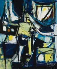 Composition en bleu et jaune by Pierre Gendron, 1961, oil on canvas, sold Sep 2026