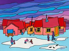 Quiet Village by Ted Harrison, acrylic on board, sold Sep 2026