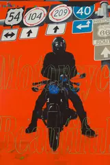 Orange Rider, Motorcycle Beautiful by James Lahey, oil and mixed media on canvas, sold Sep 2026