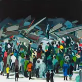 Untitled Crowd Scene by Erik Olson, oil on board, sold Sep 2026