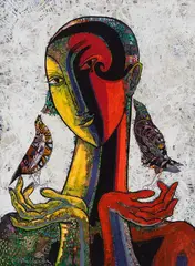 Portrait avec deux oiseaux by Jesús Carles de Vilallonga Rosell, 2001, tempera on board, sold Sep 2026