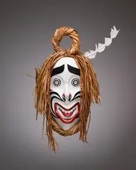 Laughing Woman by Beau Dick, birch, bark, acrylic, feather, sold Aug 2026