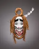 Laughing Woman by Beau Dick, birch, bark, acrylic, feather, sold Aug 2026
