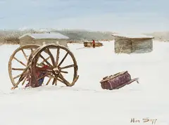 Going to Take The Load of Wood to Town by Allen Sapp, 1973, acrylic on canvas, sold Aug 2026