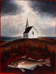Church on Bragg's Island (Cod Fish Series) by David Blackwood, 1997, oil tempera on board, sold Aug 2026