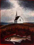 Church on Bragg's Island (Cod Fish Series) by David Blackwood, 1997, oil tempera on board, sold Aug 2026