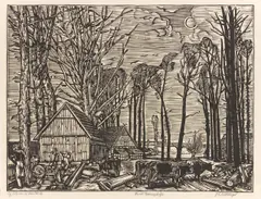 Arroder Bauerngehöfft“ („Bauerngehöft in Westfalen“ (Westfälischer Bauernhof II)) by Peter August Böckstiegel, 1937, Holzschnitt auf Velin, sold Jan 2022