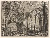 Arroder Bauerngehöfft“ („Bauerngehöft in Westfalen“ (Westfälischer Bauernhof II)) by Peter August Böckstiegel, 1937, Holzschnitt auf Velin, sold Jan 2022