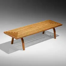 Coffee table by Edward Durell Stone, c. 1945, oak, sold Jun 2023