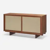 Cabinet by George Nakashima, American black walnut, plywood, pandanus cloth, sold Jun 2023