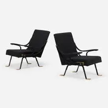 Digamma lounge chairs, pair by Ignazio Gardella, 1957, upholstery, enameled steel, brass, sold Jun 2023
