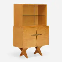 Cabinet by Dan Johnson, 1947, mahogany, glass, brass, sold Jun 2023