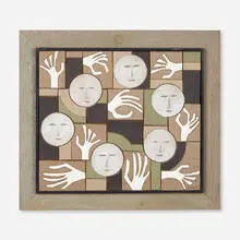 Untitled (wall plaque) by Clyde Burt, c. 1965, glazed stoneware, painted pine, sold Jun 2023