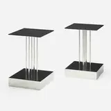 Mobile 5-B coffee tables, pair by Ettore Sottsass, c. 2000, polished stainless steel, lacquered wood, sold Jun 2023