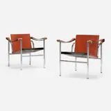 Basculant chairs model LC/1, pair by Le Corbusier, chrome-plated steel, leather, sold Jun 2023