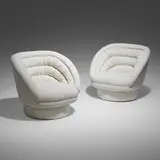 Crescent chairs, pair by Vladimir Kagan, c. 1970, bouclé upholstery, sold Jun 2023