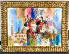 Untitled by Michael Rozenvain, watercolor of musicians and venetian landmarks, offered Oct 2025